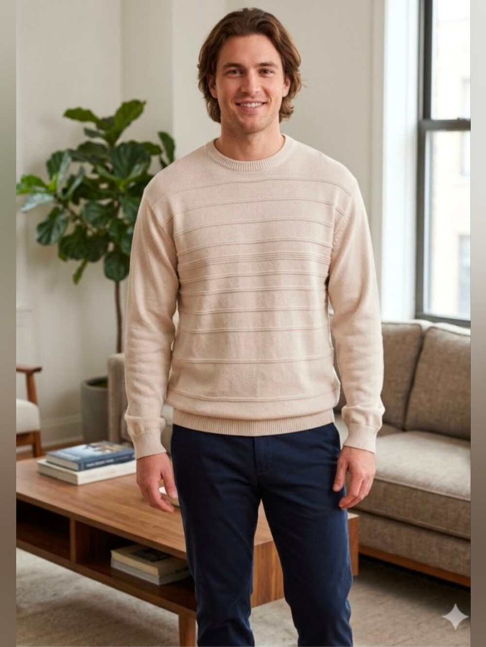 Izod Men's Light Beige 100% Cotton Crewneck Textured Striped Sweater Size Large